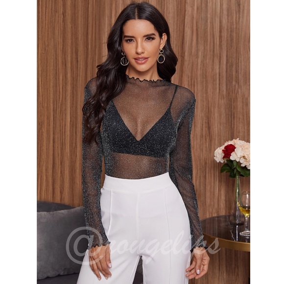 Black Lurex Glitter Mesh Lettuce Trim Collar Long Sleeve Pullover Top Shirt - Picture 6 of 7